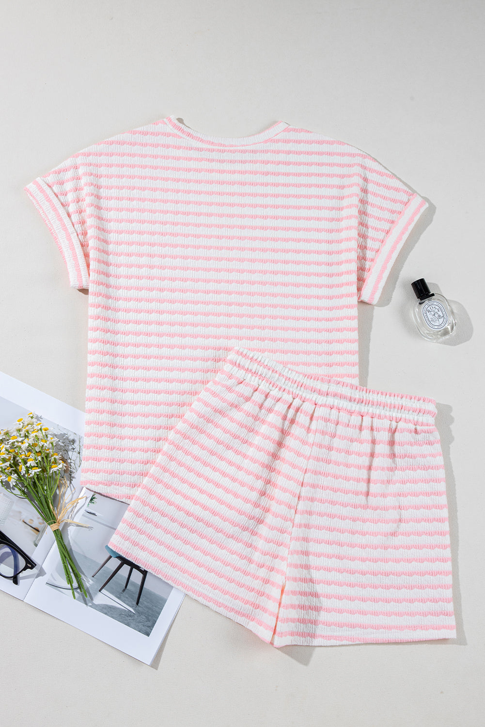 Pink Stripe Knitted Short Sleeve Top and Drawstring Shorts Set