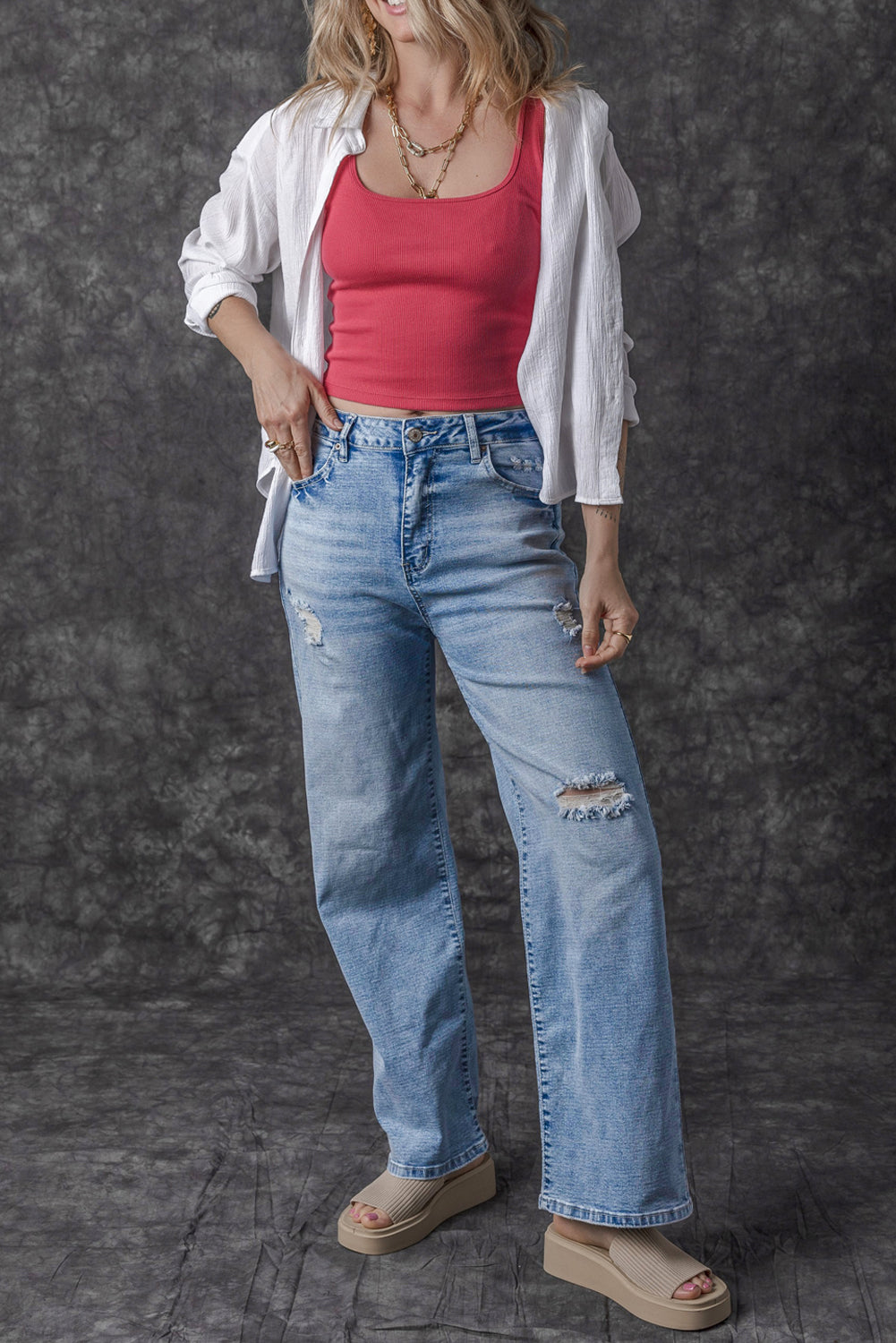 Light Blue High Rise Distressed Straight Leg Jeans