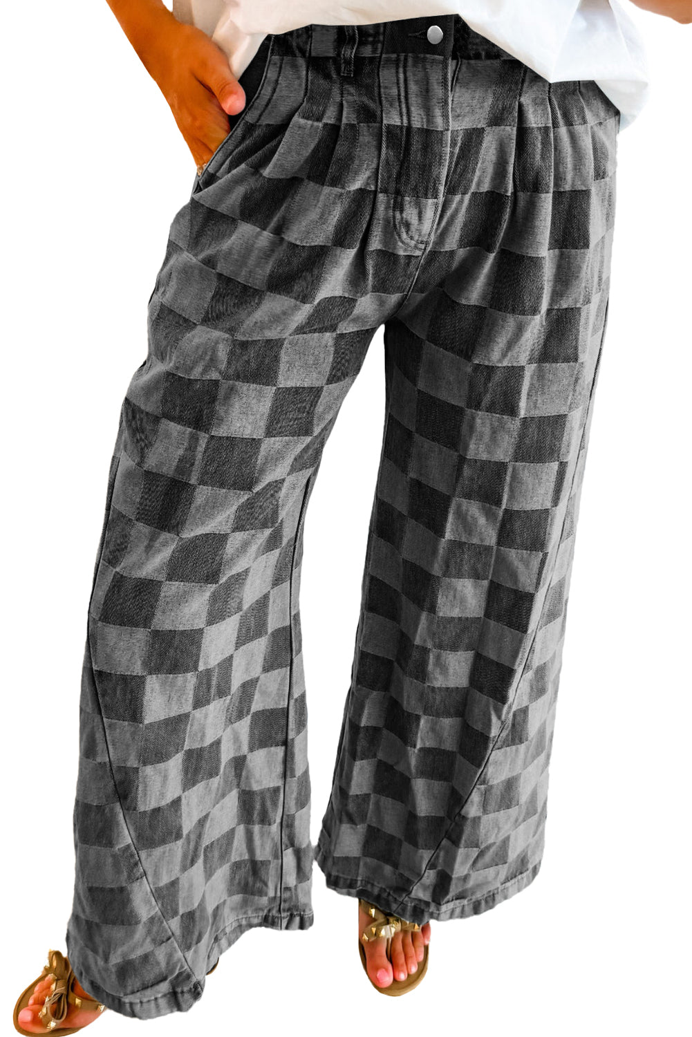 Dusk Blue Checkered Light Washed Wide Leg Jeans