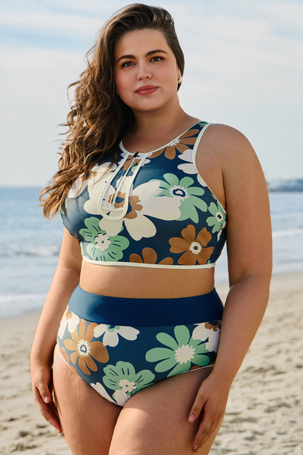 Green Floral Printed Zipped Plus Size Two Pieces Bikini