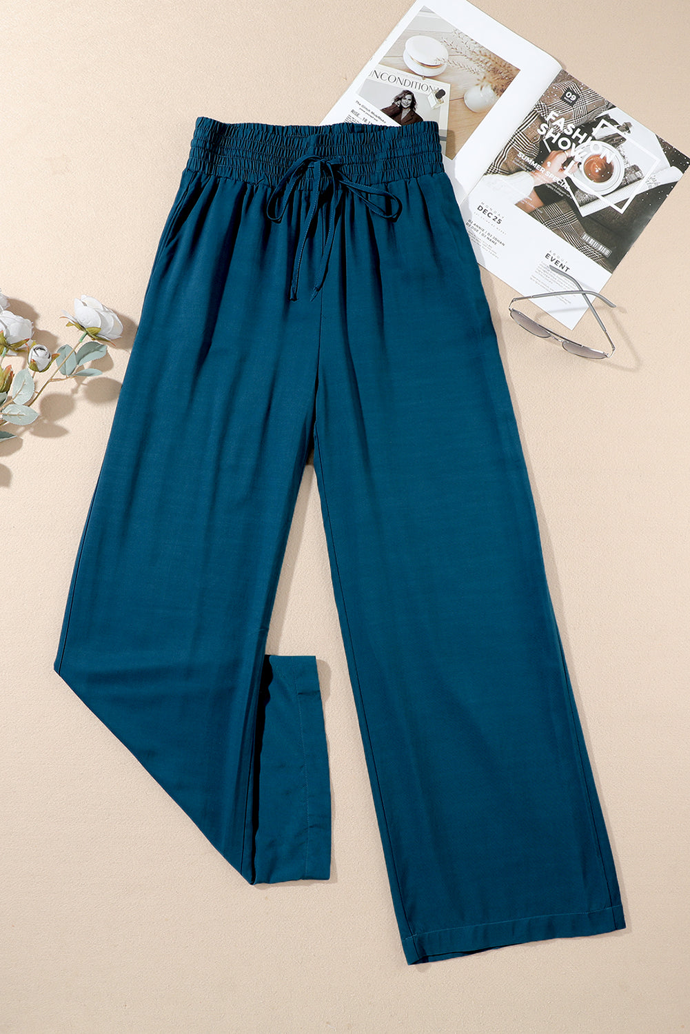 Blue Drawstring Elastic Waist Casual Wide Leg Pants