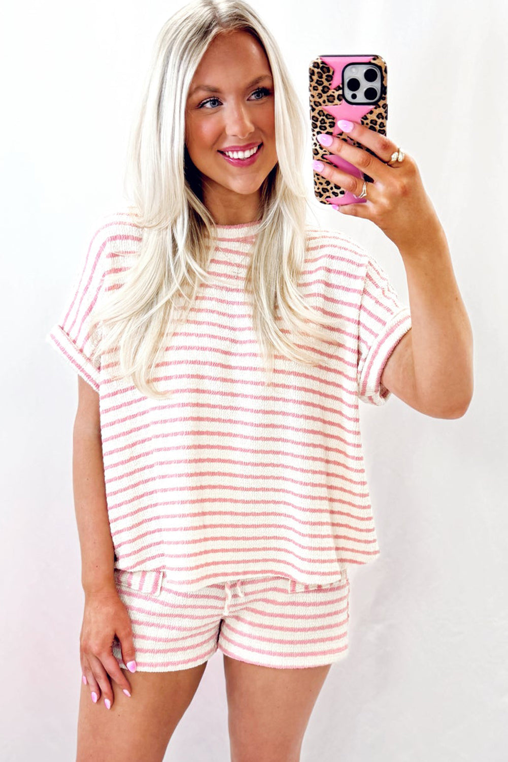 Pink Stripe Knitted Short Sleeve Top and Drawstring Shorts Set