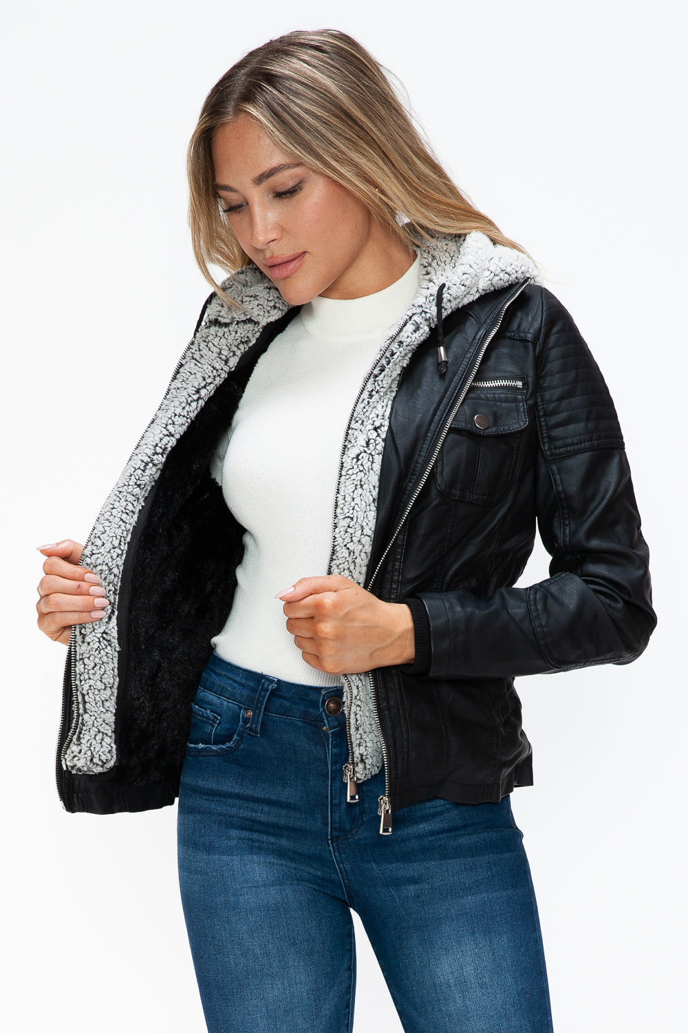 YMI Removable Faux Layered Multi-Pocket Jacket with Fuzzy Hood