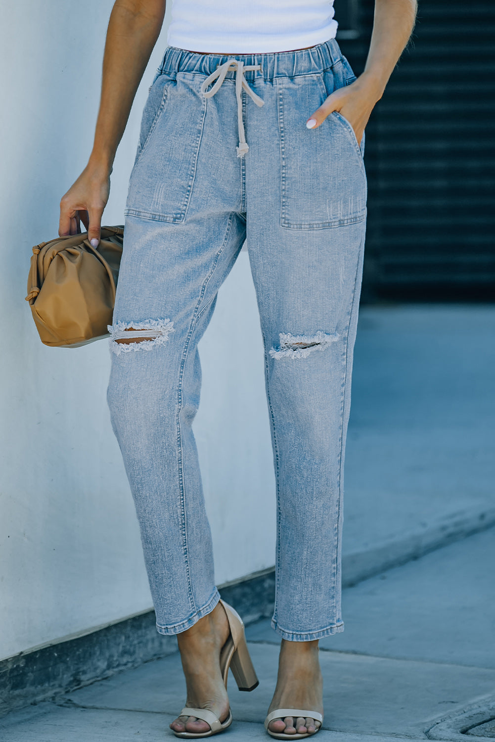 Sky Blue Gather Round Distressed Pocketed Denim Jogger