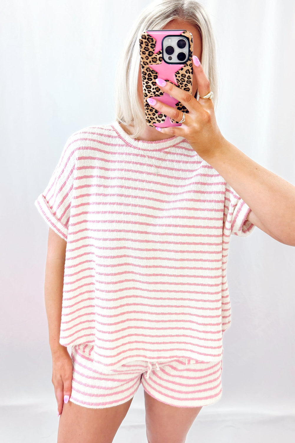 Pink Stripe Knitted Short Sleeve Top and Drawstring Shorts Set