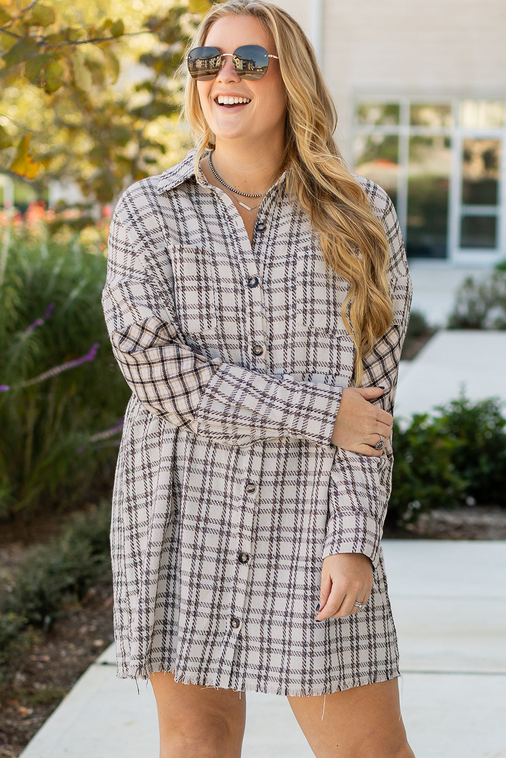 White Stripe Plus Size Plaid Buttoned Raw Hem Tunic Shirt Dress