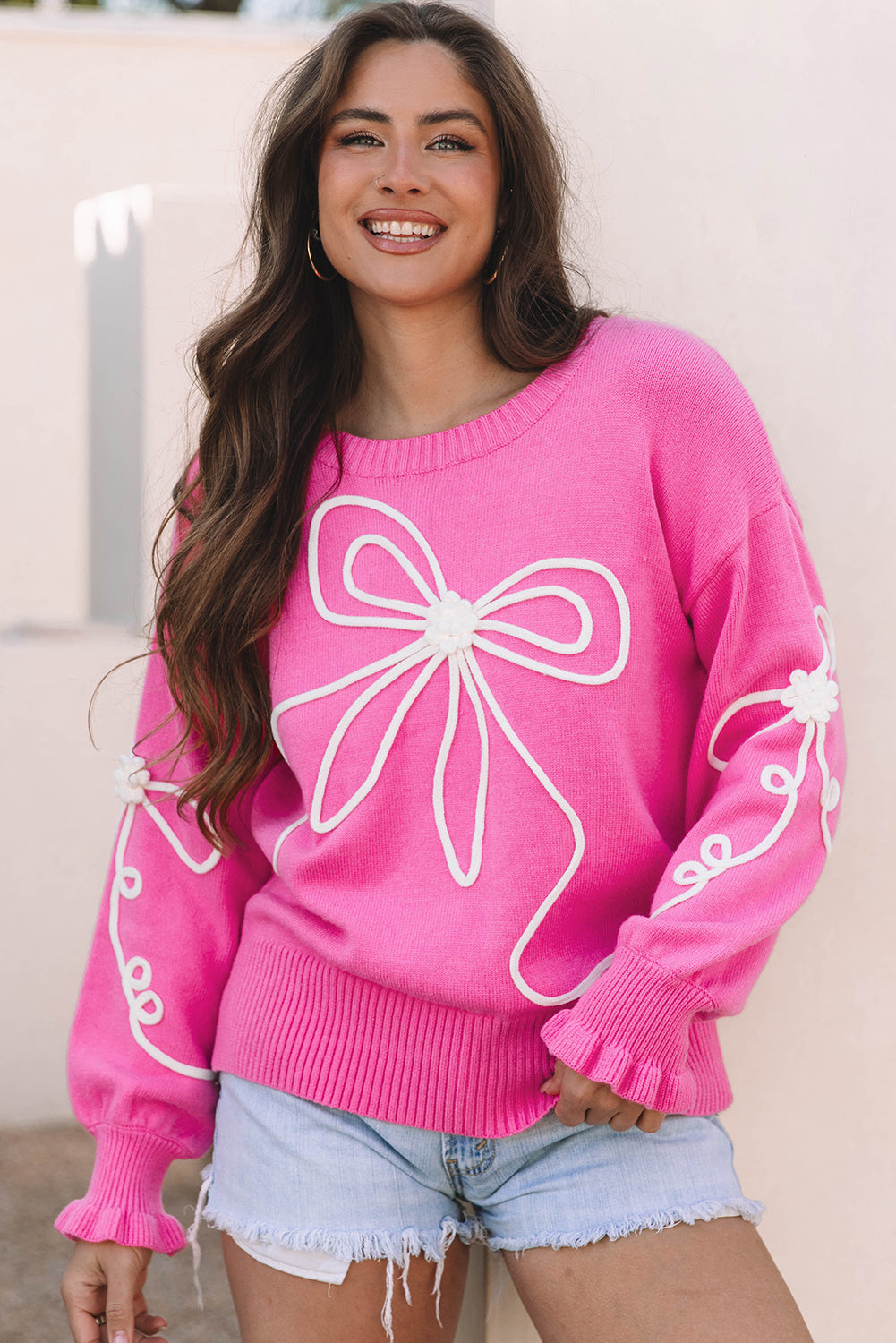 Bright Pink Corded Flower Bow Ribbed Trim Casual Sweater