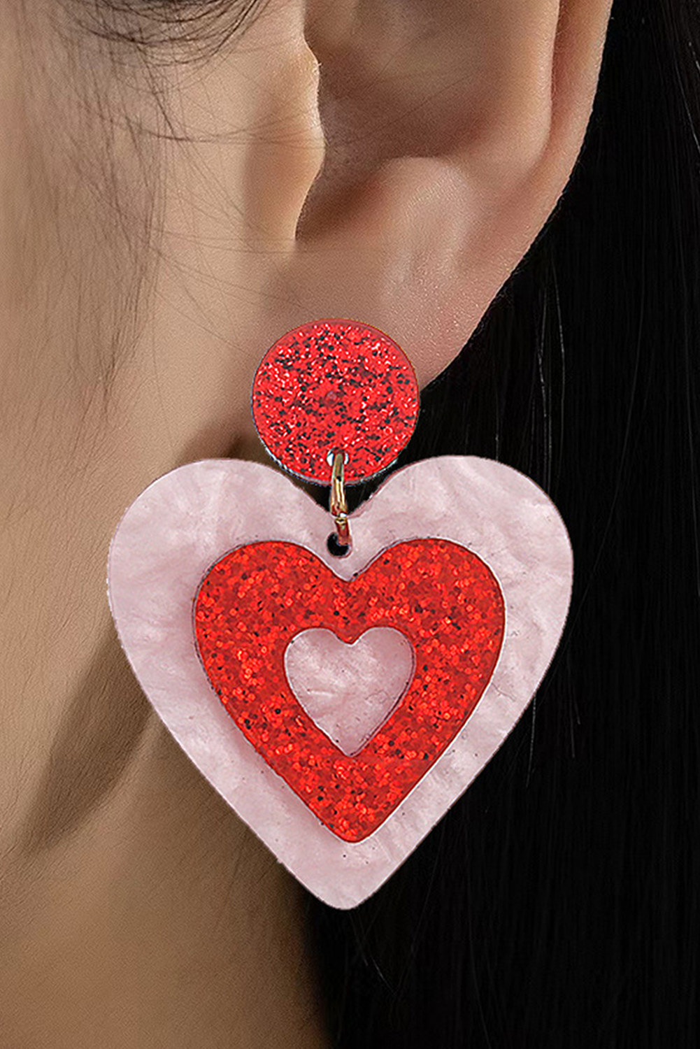 Pink Double Heart Acrylic Drop Earrings