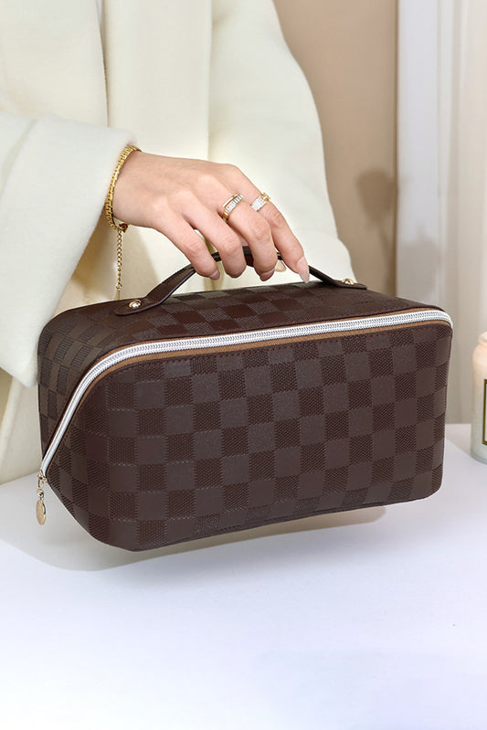 Chestnut Checkered Zipper Handle PU Leather Travel Makeup Bag