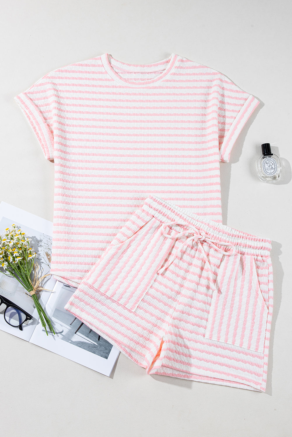 Pink Stripe Knitted Short Sleeve Top and Drawstring Shorts Set