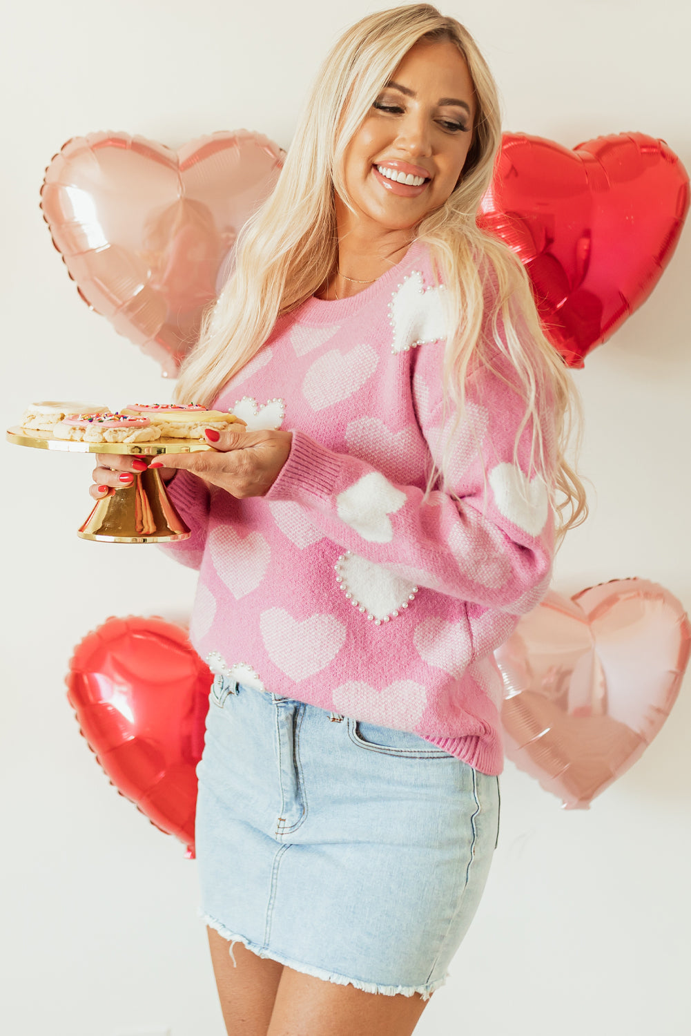 Pink Pearled Heart Print Valentines Crew Neck Sweater