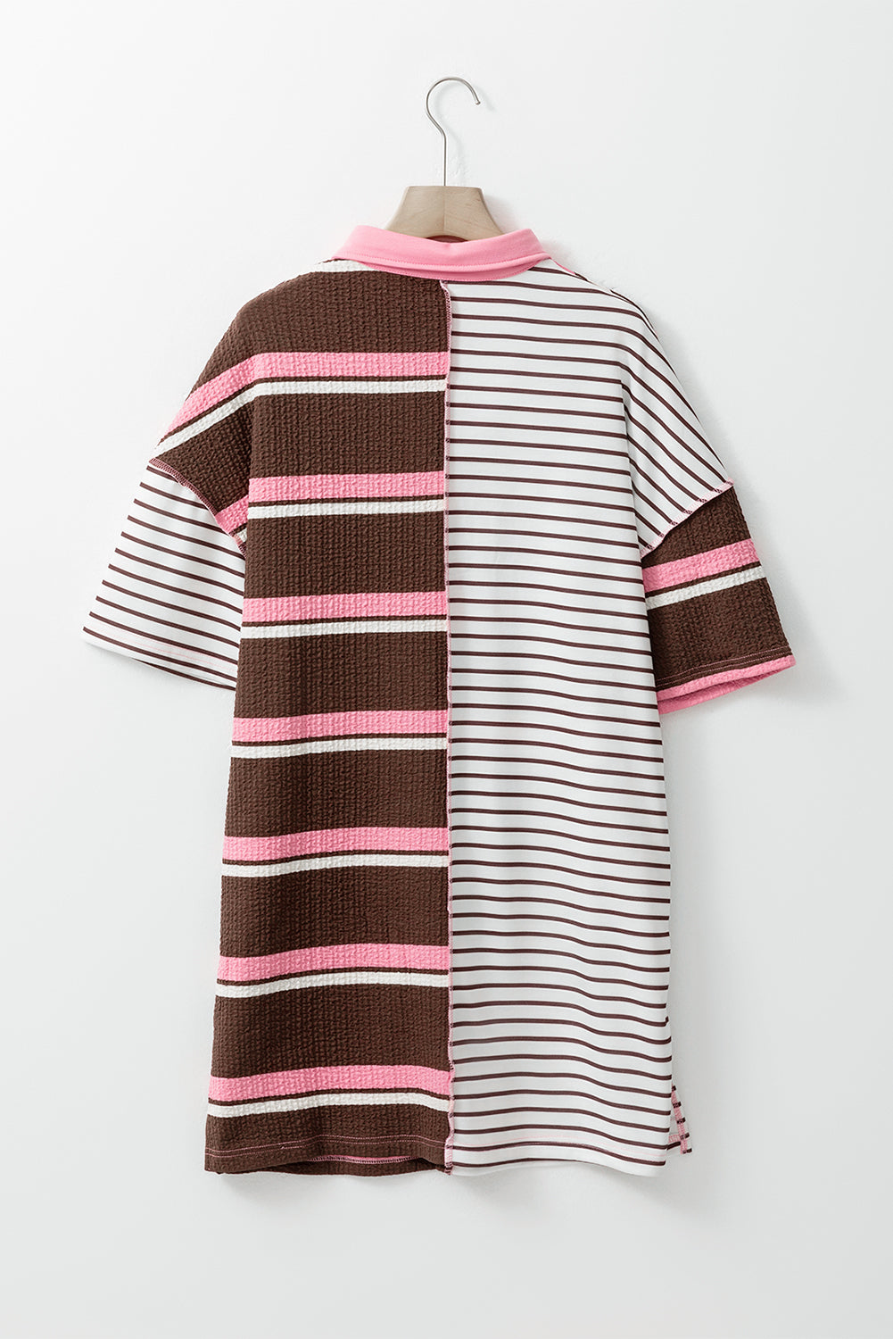 Brown Stripe Striped Textured Patchwork Buttoned T Shirt Dress