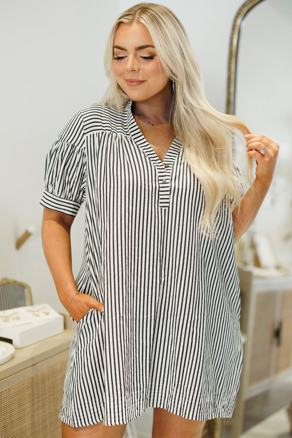 Black Stripe Short Sleeve Buttoned V Neck Pocketed Plus Size Mini Dress