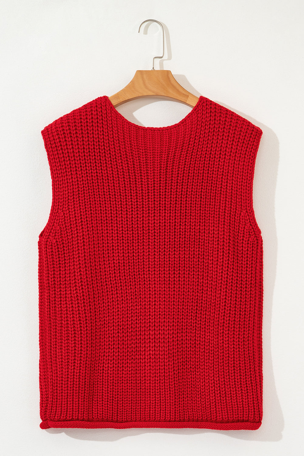 Fiery Red Solid Textured Knit Side Pockets Buttoned Sweater Vest