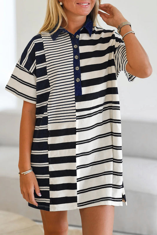 Black Stripe Half Placket Polo T Shirt Dress